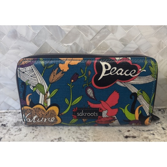 Sakroot Coated Canvas Peace Bird Zip Around Wallet 12 Card Holder Coin Pouch - Picture 4 of 14